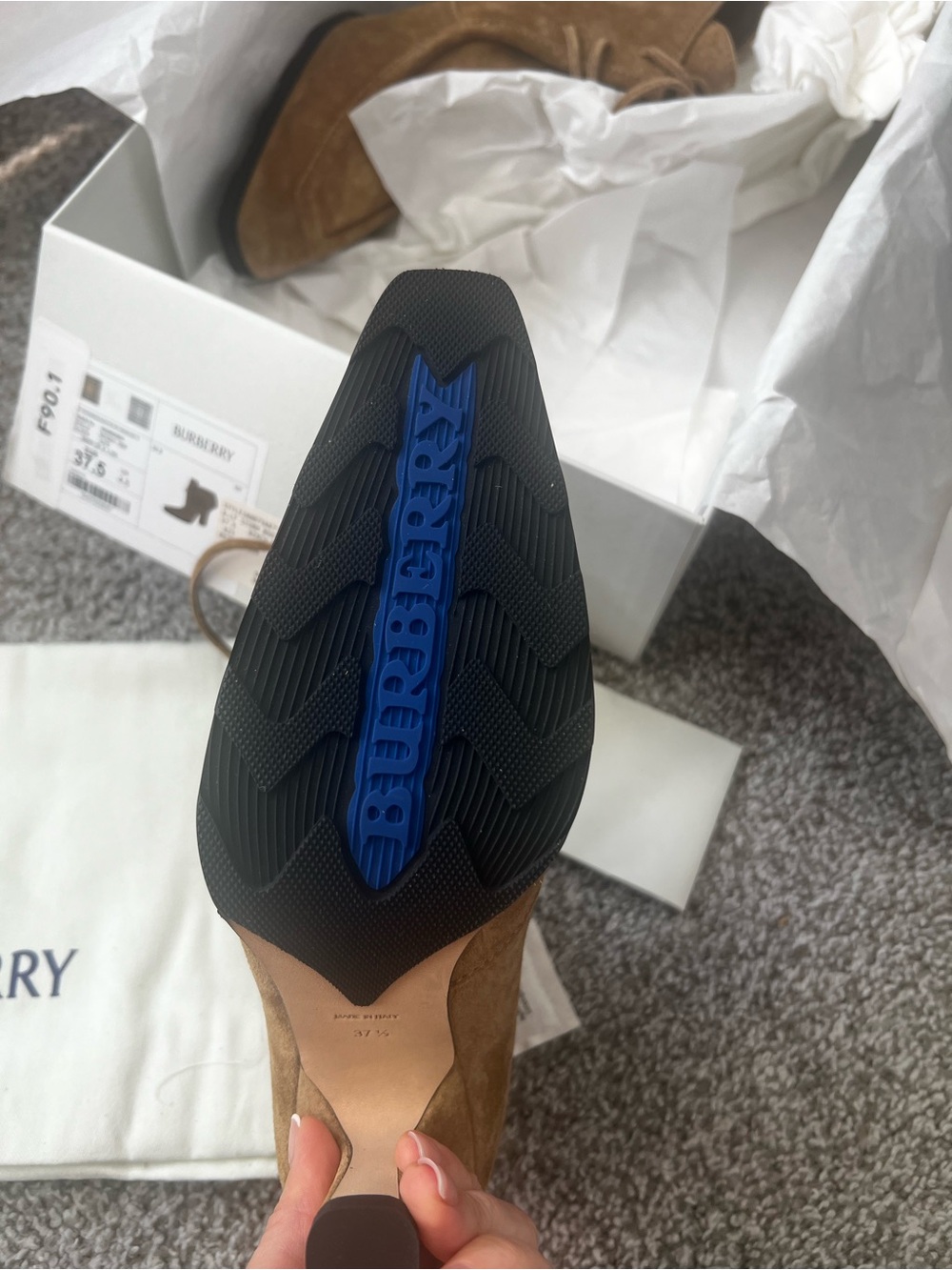 Burberry Brown Suede Chelsea Boots with Blue Logo Sole